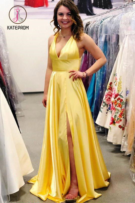 Yellow Deep V Neck Sleeveless Split Sweep Train Prom Dress, Long Formal Dress with Slit KPP0903