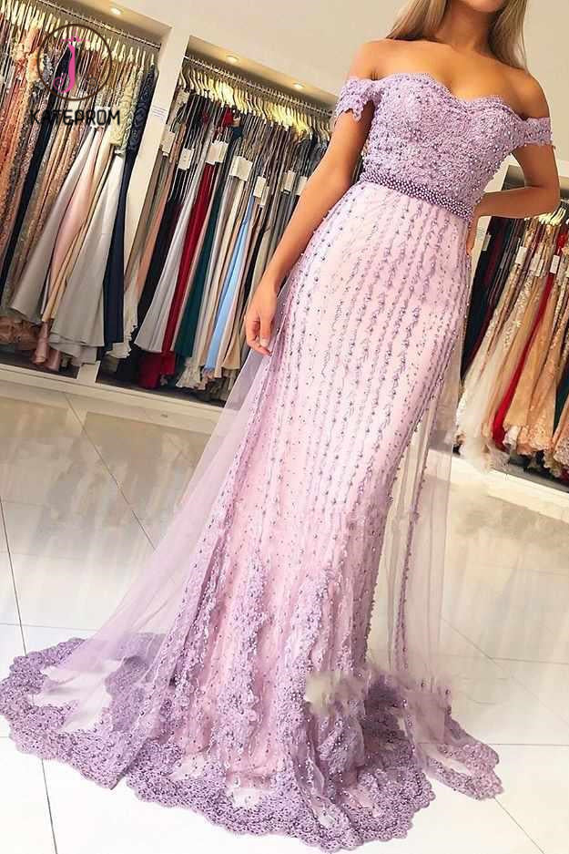 Lilac Off the Shoulder Mermaid Prom Dress with Appliques, Charming Beaded Evening Dress KPP0930