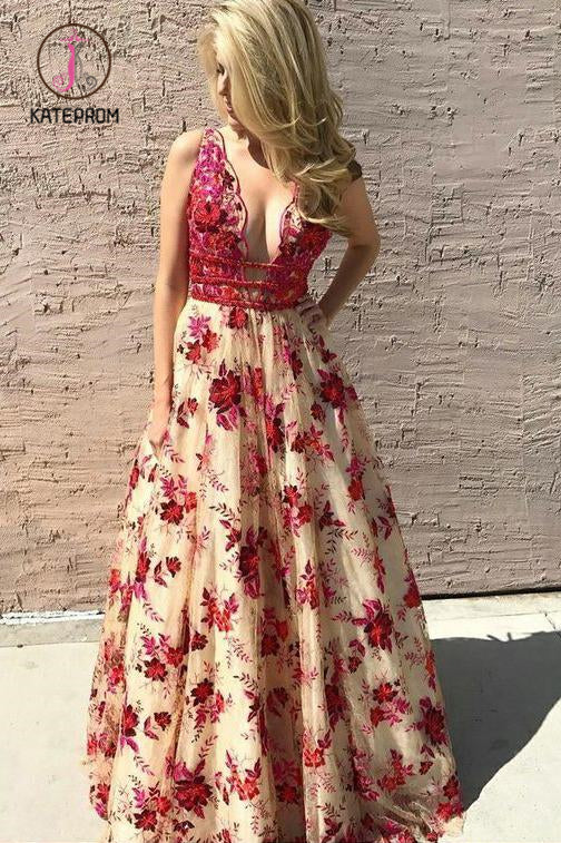 Deep V-Neck Lace Prom Dress with Beading, Long Prom Gown with Appliques KPP0939