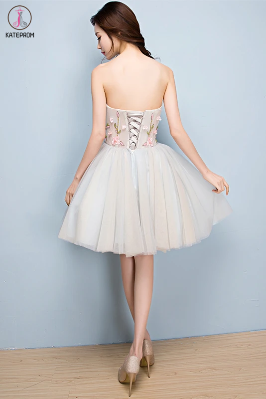 Unique Strapless Tulle Short Homecoming Dress with Appliques, A Line Sweetheart Prom Dress KPH0510