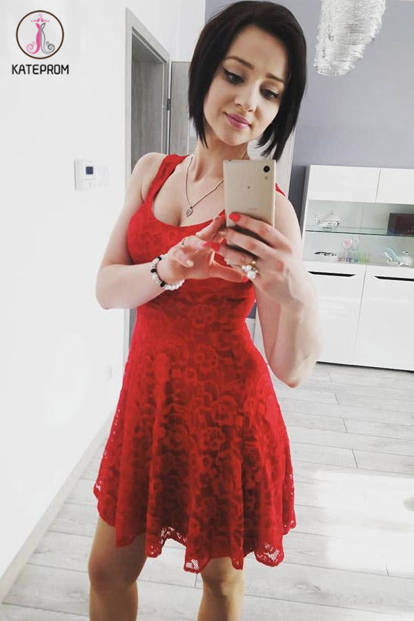 A-Line Scoop Neck Red Lace Homecoming Dress, Simple Lace Sweet 16 Dress KPH0404