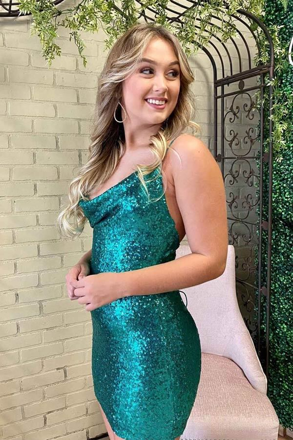 Emerald Green Sequins Sheath Cowl Neck Tight Short Homecoming Dresses KPH0655
