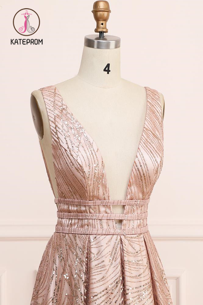 A Line Deep V Neck Long Prom Dress with Sequins, Glitter Sleeveless Evening Dress KPP1051