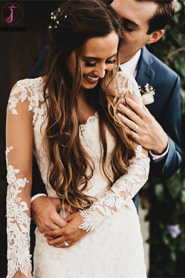 Elegant Mermaid Wedding Dresses Long Sleeves Lace Bridal Gowns KPW0630