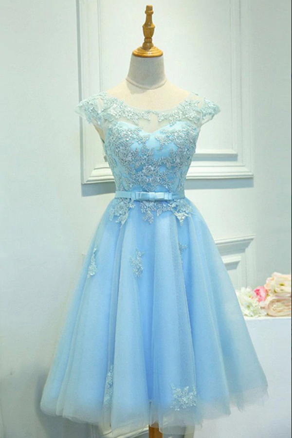 Light Blue Capped Sleeve Short Prom Dress, Mid Back Appliques Homecoming Dress KPH0604