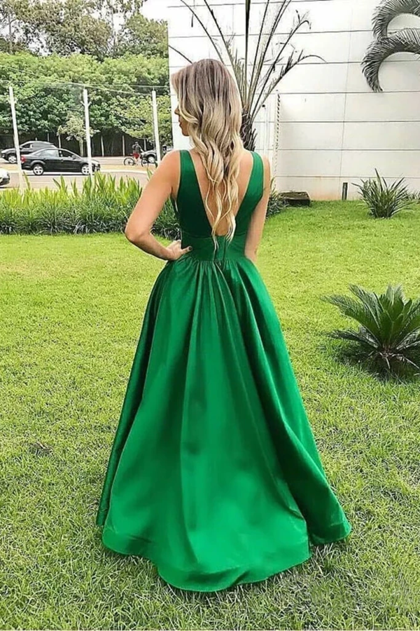 Elegant A Line Sexy V Neck Long Satin Backless Prom Dresses Evening Dress KPP1436