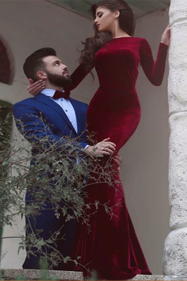 Red prom dress, Mermaid Simple Long Sleeve Long Prom Dress, Evening Dress KPP1345