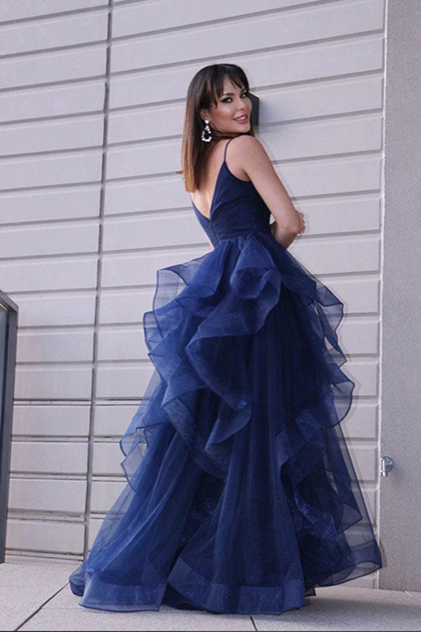 Navy Blue Tulle A line V neck Prom Dress With Ruffles, Long Formal Dresses KPP1554