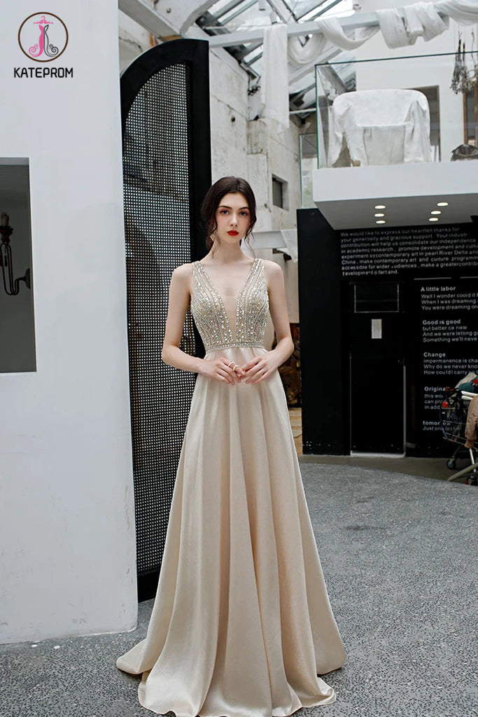 Elegant Deep V Neck Sleeveless Evening Dress with Sequins, Backless A Line Party Dress KPP1296