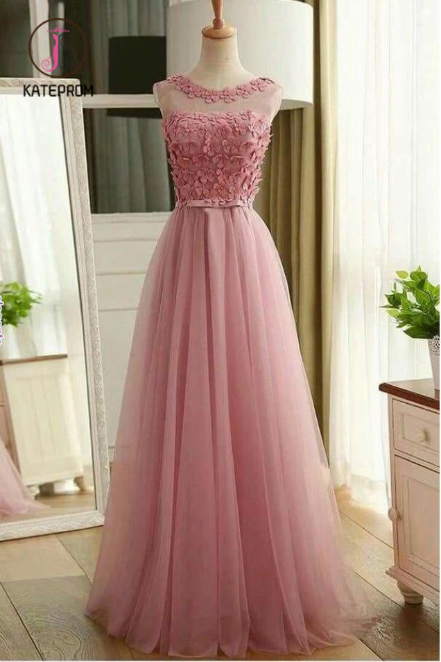 Pink Sleeveless Prom Dress with Flowers, A Line Floor Length Tulle Evening Dress KPP0941