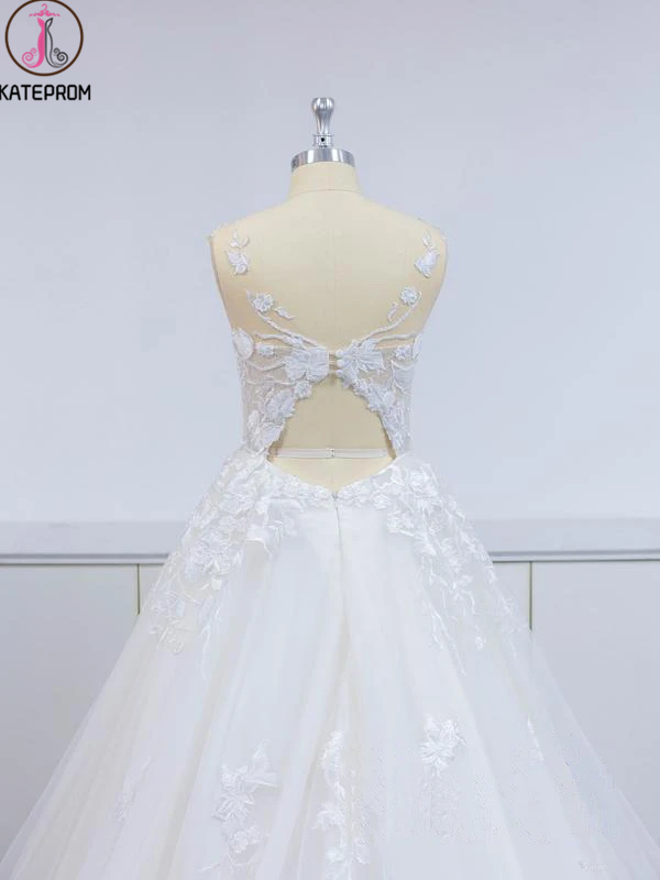 A-Line Floral Applique Beach Wedding Dresses, wedding gown new,White Evening Dresses KPW0592