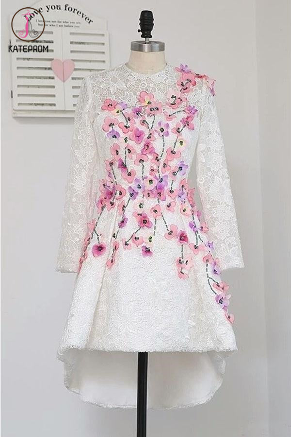 High Low Lace Homecoming Dress with Appliques, Long Sleeve Lace Prom Dress KPH0436