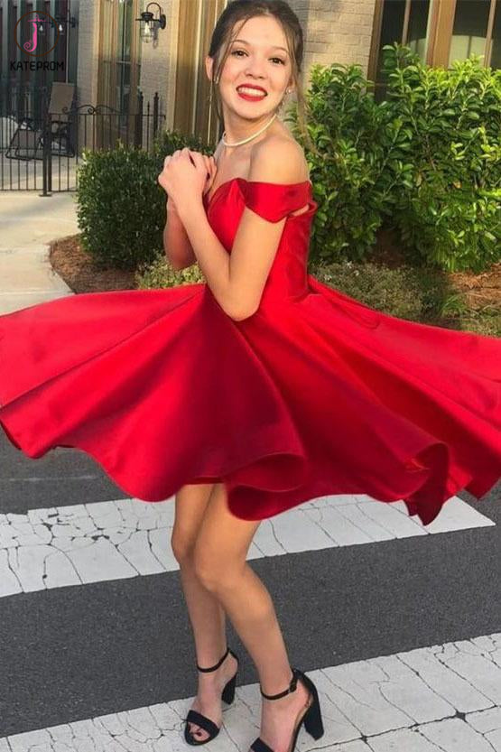 Simple Off the Shoulder Short Red Homecoming Dress with Lace Up Back KPH0493