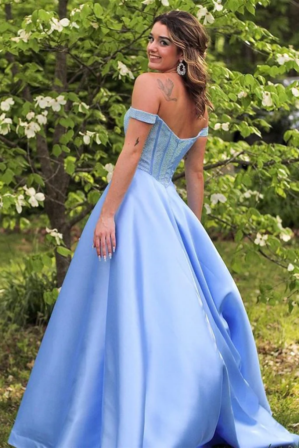 Off the Shoulder Light Blue Satin Long Prom Dress, Off Shoulder Formal Dress KPP1766