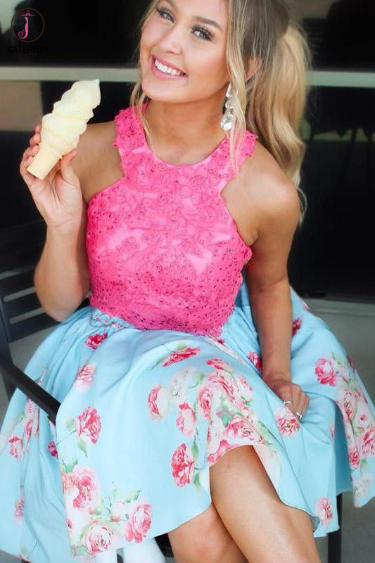 Light Blue Short Homecoming Dress with Hot Pink Lace Top, Knee Length Prom Gown KPH0524