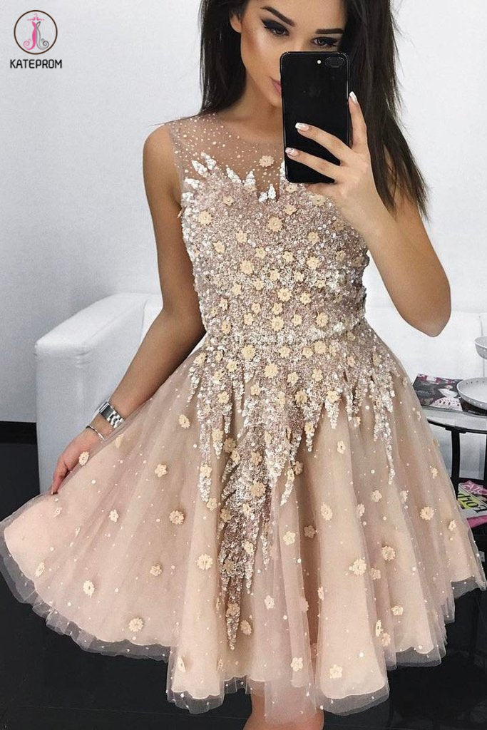 A Line Round Neck Tulle Beading Homecoming Dresses, Applique Short Graduation Dress KPH0497