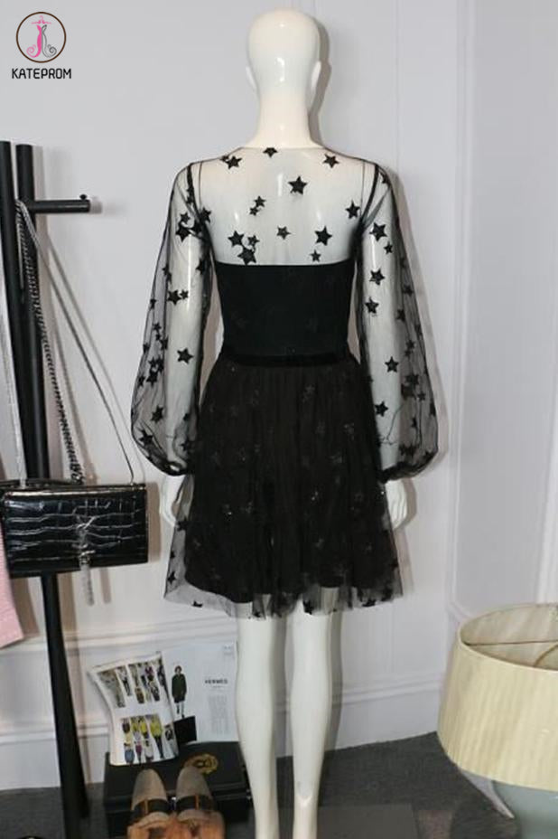 Sparkly Long Sleeve Short Party Dress, Unique Sheer Neck Mini Homecoming Dress KPH0455