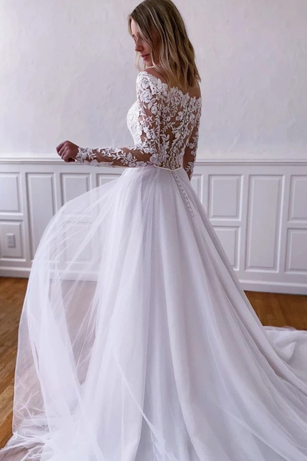 Elegant Long Sleeves White Lace Wedding Dress, White Lace Long Prom Dress, White Formal Evening Dress KPW0687