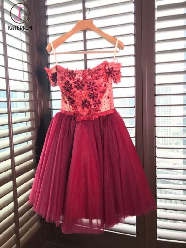 Dark Red Off the Shoulder Short Prom Dress with belt, Short Beading Homecoming Dress KPH0289