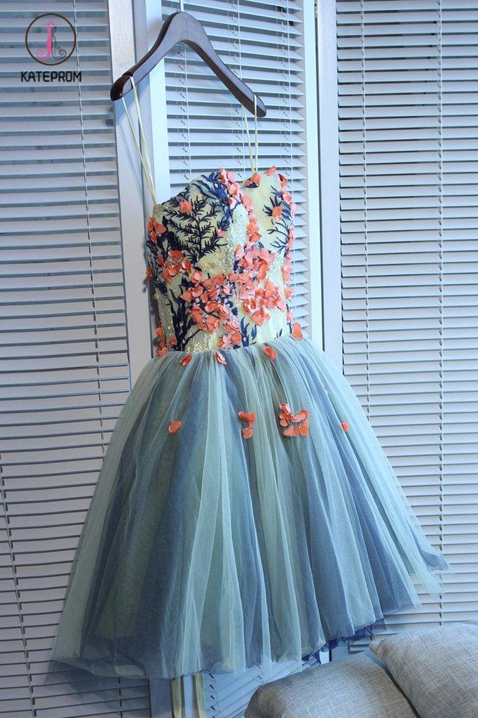 Unique Sweetheart Tulle Mini Homecoming Dress with Flowers,A Line Short Prom Gown KPH0349