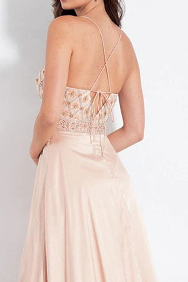 A Line Spaghetti Straps Pink Elastic Satin Prom Dress with Beading KPP1653