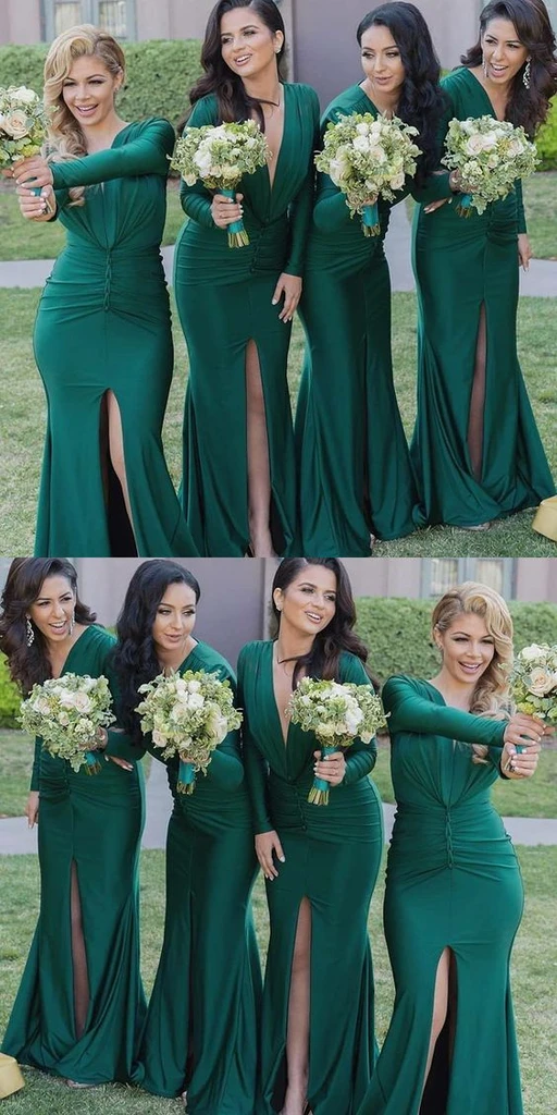 Mermaid Bridesmaid Formal Dress Front Split Deep V Neck Long Sleeves Bridesmaid Dresses KPB0197