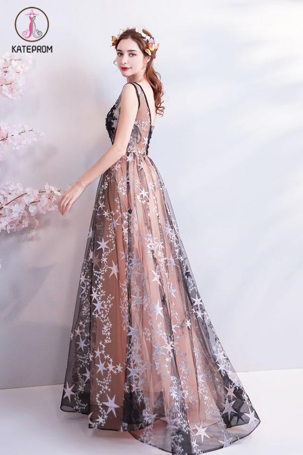 Charming Floor Length Sleeveless Prom Dress with Stars, A Line Appliques Evening Dress KPP1067