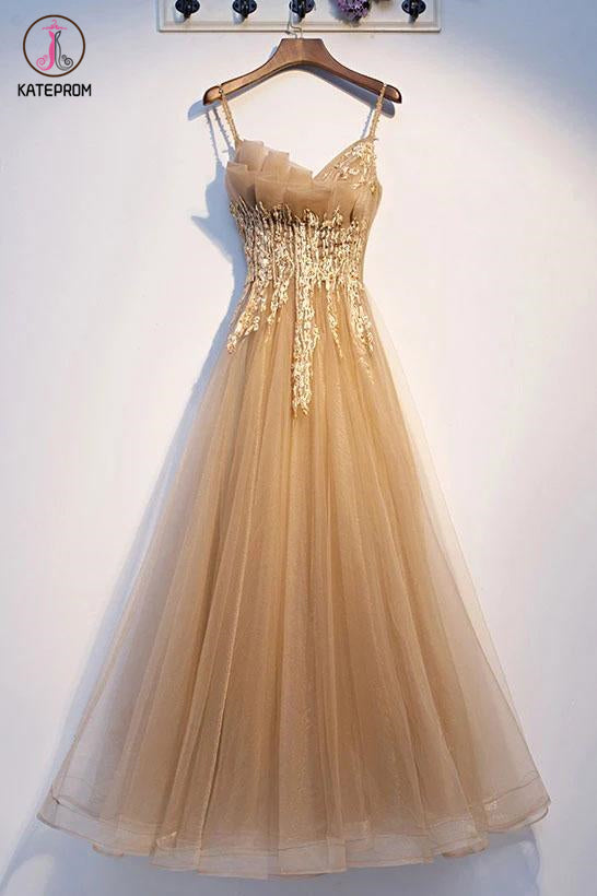 Spaghetti Straps Sleeveless Tulle Prom Dresses, Floor Length Lace Applique Party Dress KPP1274