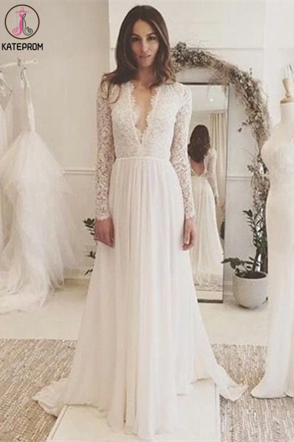 Chic A-line Wedding Dresses Long Sleeve V neck Romantic Wedding Dress With Lace KPW0625