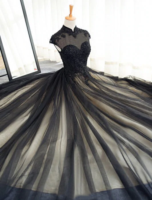 Chic A line High Neck Black Tulle Floor Length Modest Prom Dress Evening Dress KPP1546