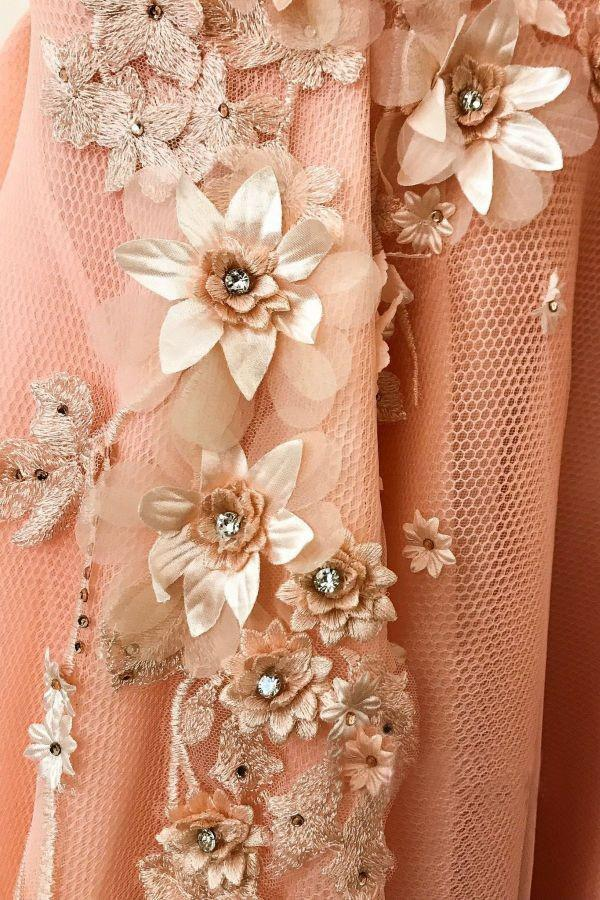 Septing - septing A line Pink V Neck Prom Dresses with Slit Lace Appliques Prom Gowns KPP1453