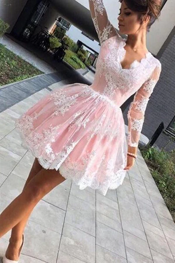 Cute A line Long Sleeves Pink Short Lace Appliques V Neck Homecoming Dress KPH0570