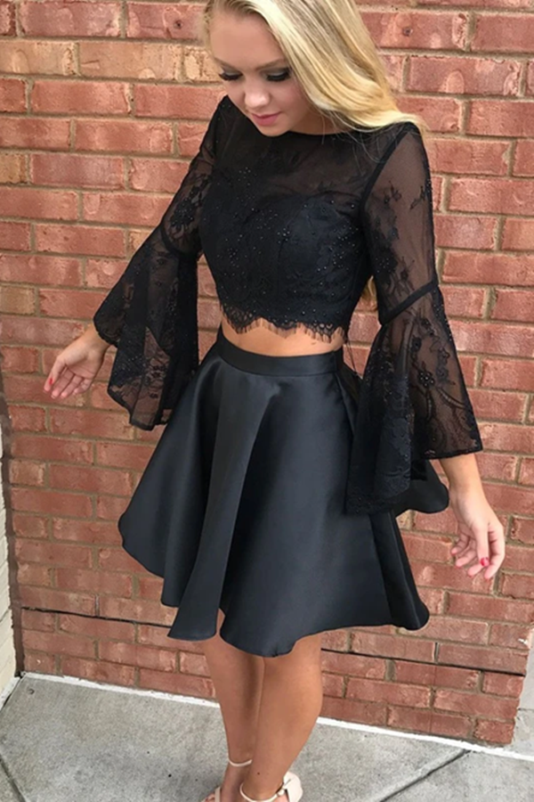 A line Bateau Mini Satin Beaded Appliqued Two Piece Homecoming Dresses KPH0596