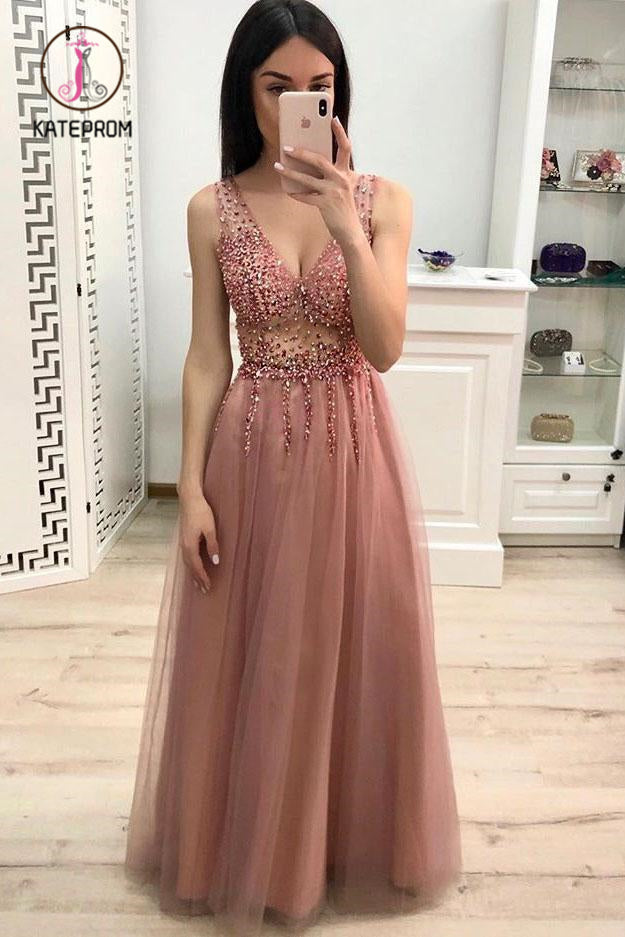 Sparkly A Line V Neck Floor Length Prom Dress with Beading and Sequins, Long Party Dress KPP0867