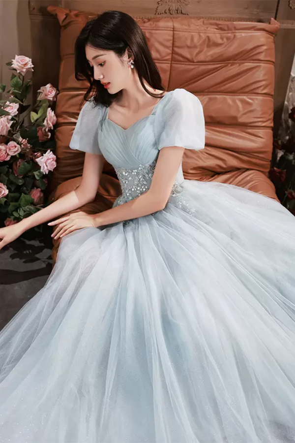 Short Sleeves Beaded Blue Long Prom Dress, Princess Blue Formal Graduation Evening Dress KPP1725