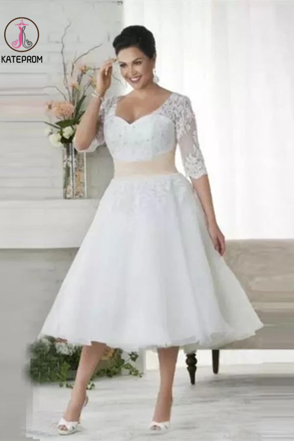 Chic Tea Length Wedding Dresses A-line Half Sleeve V neck Lace Wedding Dress KPM0008