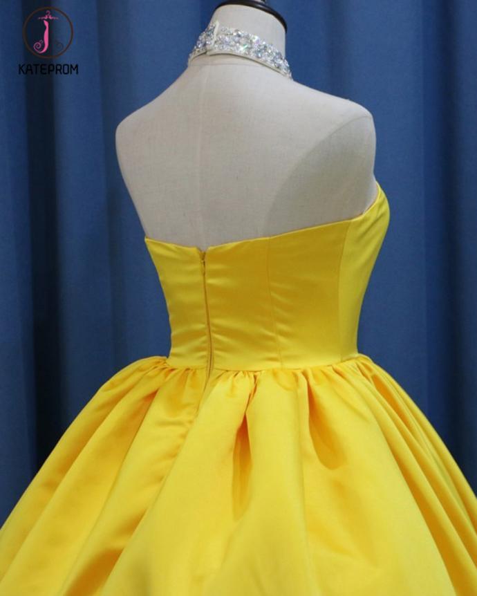 Yellow Ball Gown High Neck Prom Dress with Beading, Long Halter Quinceanera Dress KPP0626
