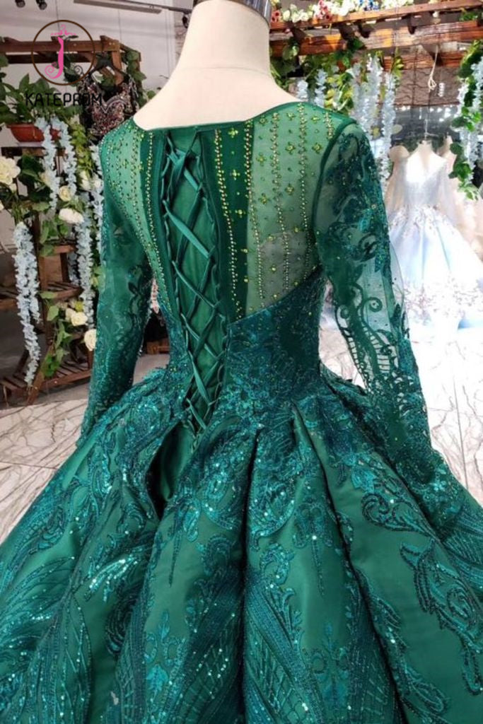 Dark Green Long Sleeves Ball Gown Prom Dress with Beads, Quinceanera Dress KPP0906