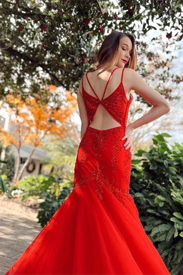 Chic Mermaid Red Spaghetti Straps V Neck Applique Prom Dress Tulle Evening Dress KPP1488