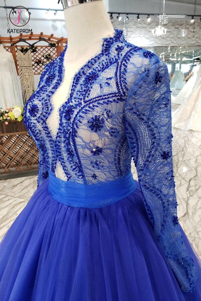Royal Blue Long Sleeve Tulle Prom Dress with Lace, Long Party Dress with Beads KPP0860