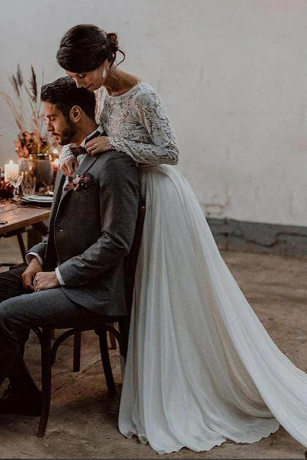Chiffon Two Pieces Long Sleeves Wedding Dresses, Lace Bridal Dresses KPW0682