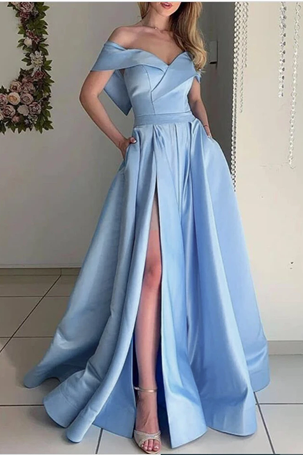 Stunning Sky Baby Blue off the Shoulder Pocket A Line Satin Prom Long Graduation Party Dress KPP1393