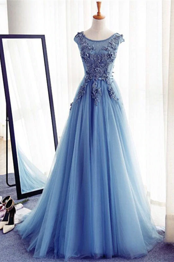 Chic A line Scoop Beaded Long Prom Dress Tulle Applique Evening Party Dress KPP1502