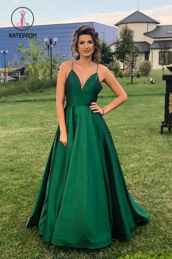 Royal Blue Simple V Neck Satin Prom Dress, A Line Spaghetti Straps Long Evening Dress KPP0996