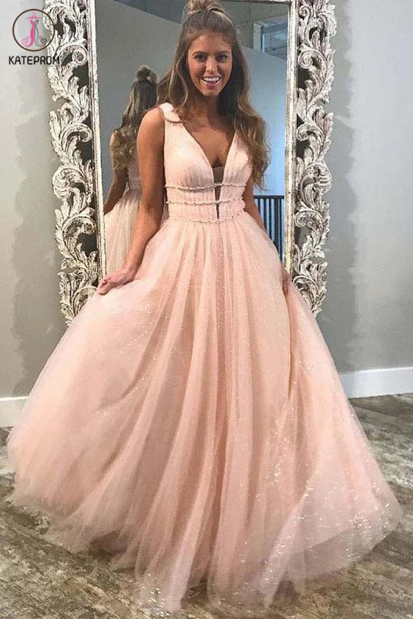 A-Line Deep V-Neck Blue Sweep Train Pink Tulle Backless Prom Dress With Beading KPP1256