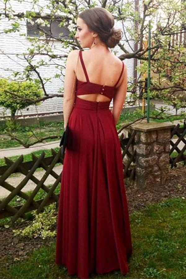 Simple Burgundy Straps Long Chiffon Prom Dress, Beautiful Party Dress KPP1415