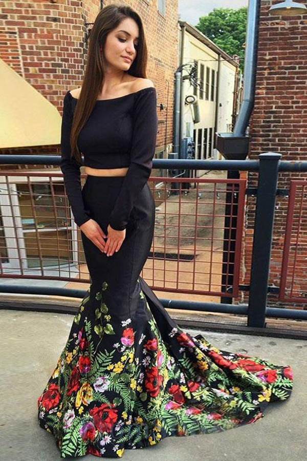A Line Off the Shoulder Two Piece Long Sleeve Satin Floral Scoop Long Prom Dresses KPP1395