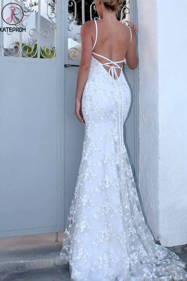 Sexy Backless Off White Mermaid Lace V Neck Wedding Dresses, Long Prom Dresses KPW0611