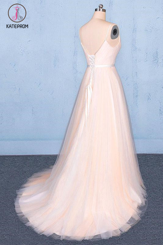 Peach V Neck Sleeveless Tulle A Line Prom Dresses, Straps Tulle Evening Dress KPP1083