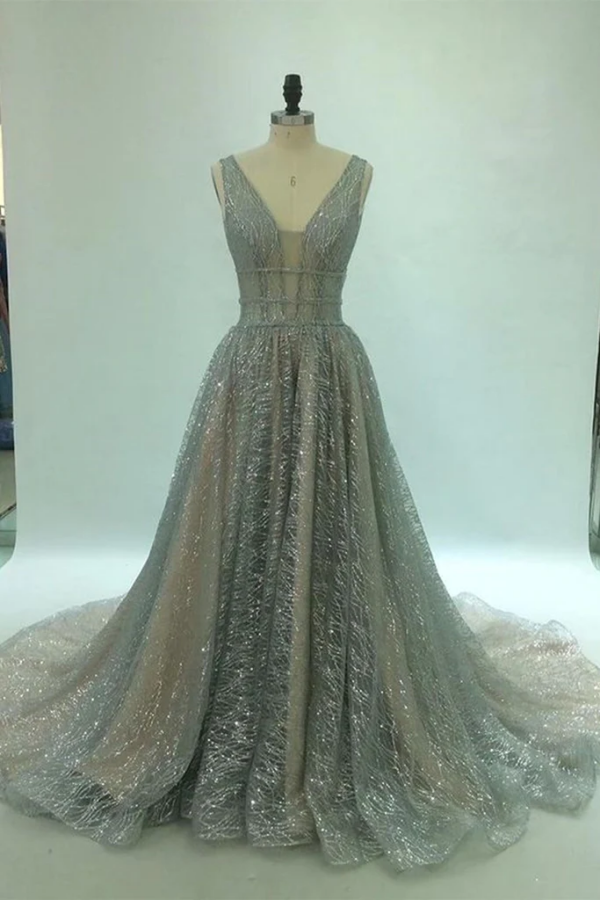 Shiny V Neck Open Back Champagne Long Prom Dresses, Formal Graduation Dress KPP1739